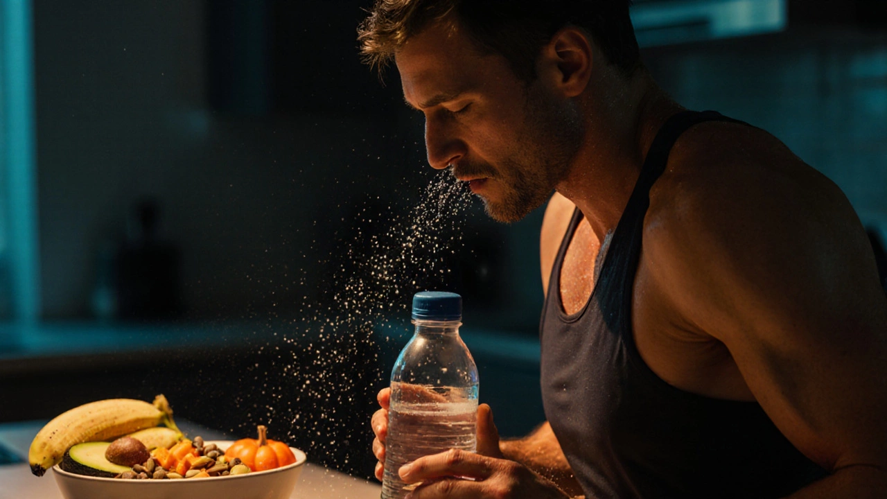 Бегун после тренировки, с минералами, уходящими из пота, и полезной едой на фоне