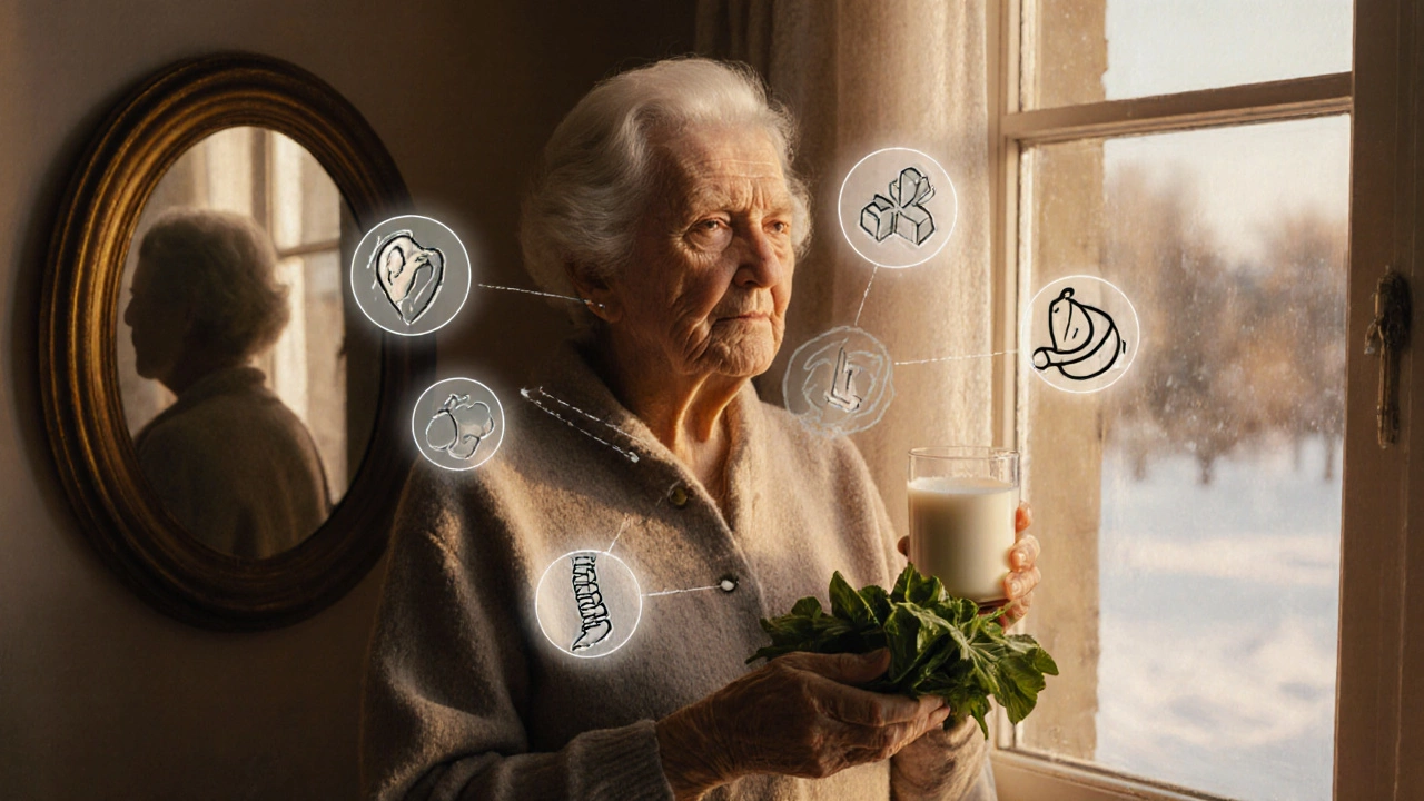 Пожилая женщина с кефиром и шпинатом, вокруг неё — символы кальция, магния и витамина D