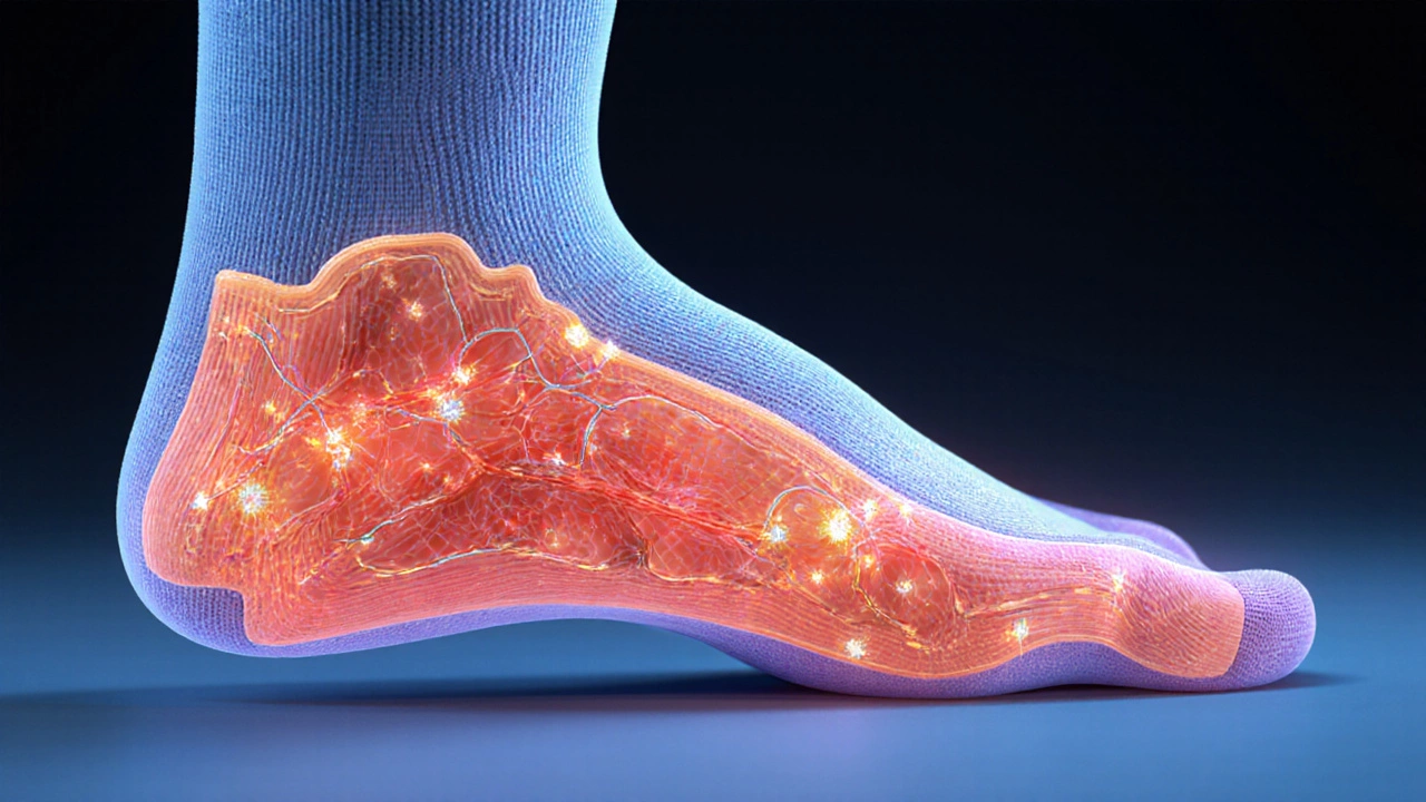 Разрез стопы внутри носка: минералы турмалина испускают тепловые волны, расширяя сосуды.