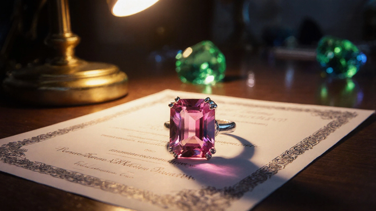 Розовый турмалин в серебряном кольце с сертификатом подлинности на столе.