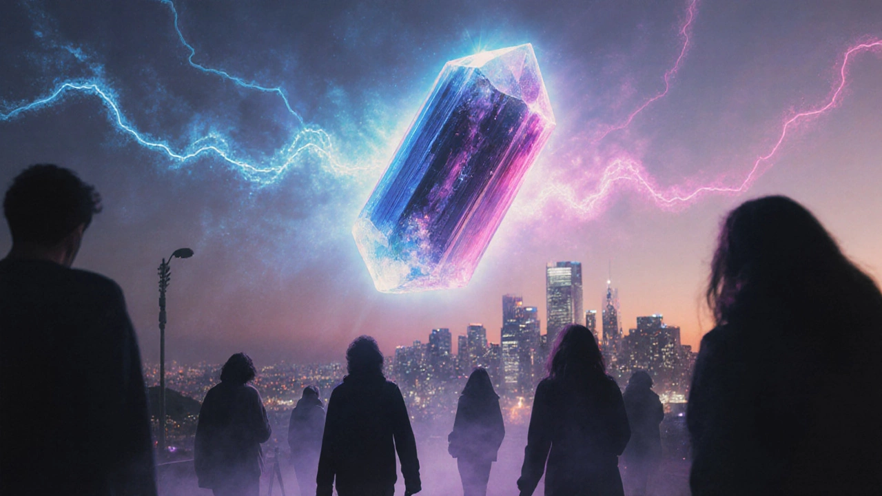 Светящийся турмалиновый кристалл над городом, отталкивающий тени стресса.