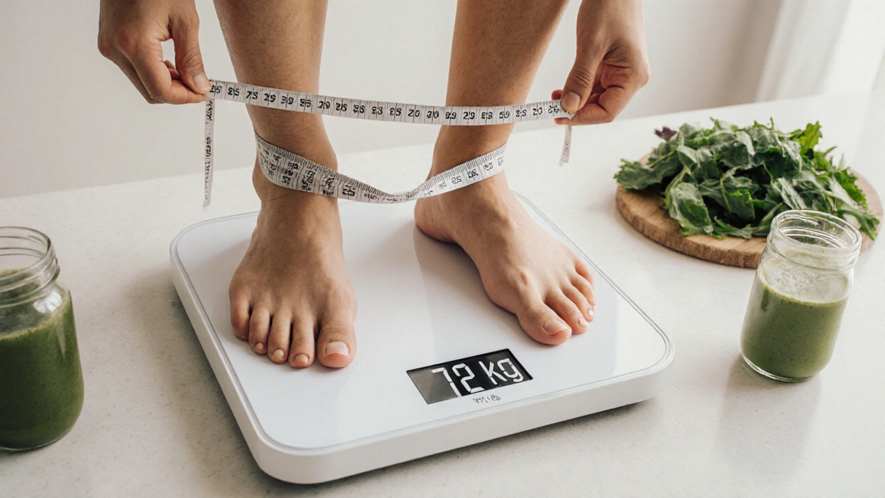 Человек на весах с лентой для измерения талии и банкой спирулины на фоне здоровой еды.