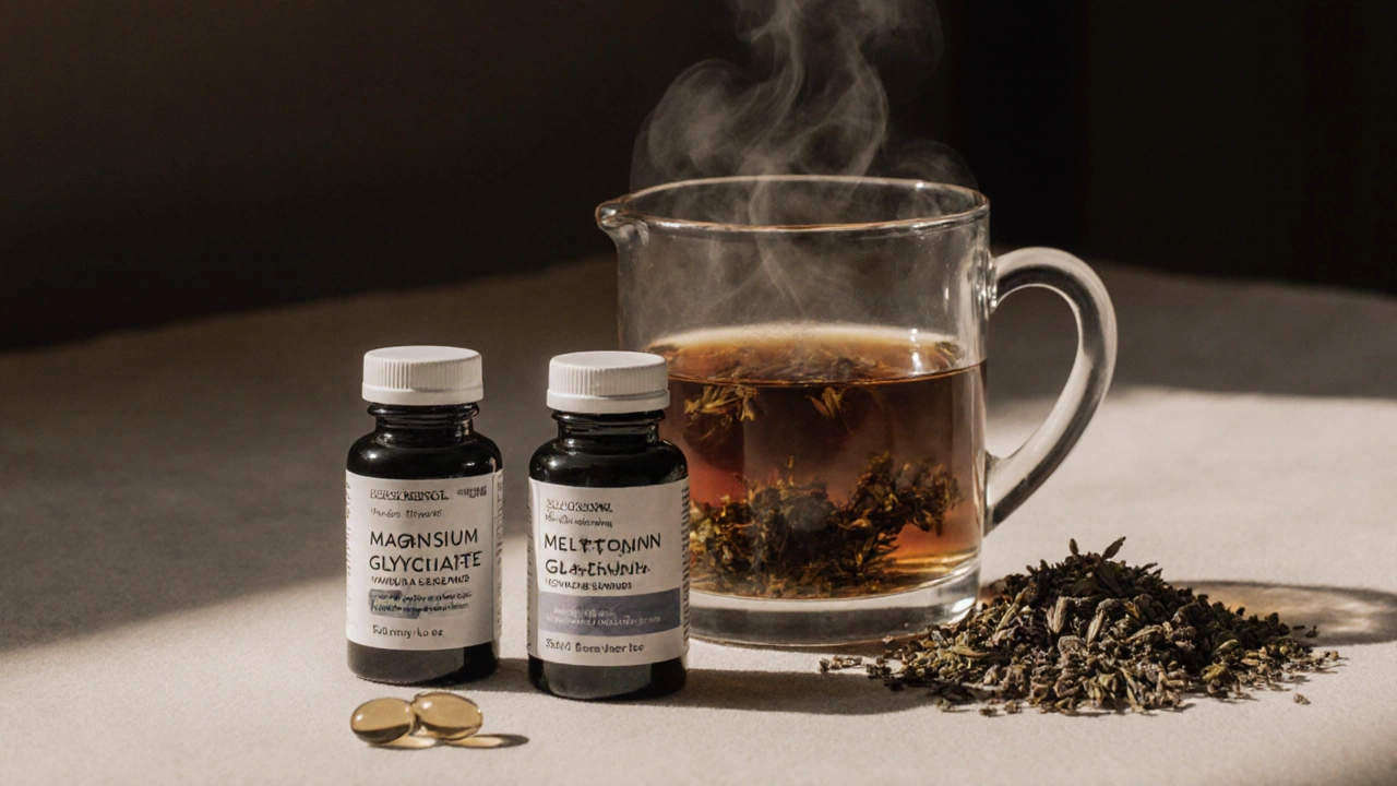 Капсулы магния и мелатонина рядом с чашкой травяного чая перед сном