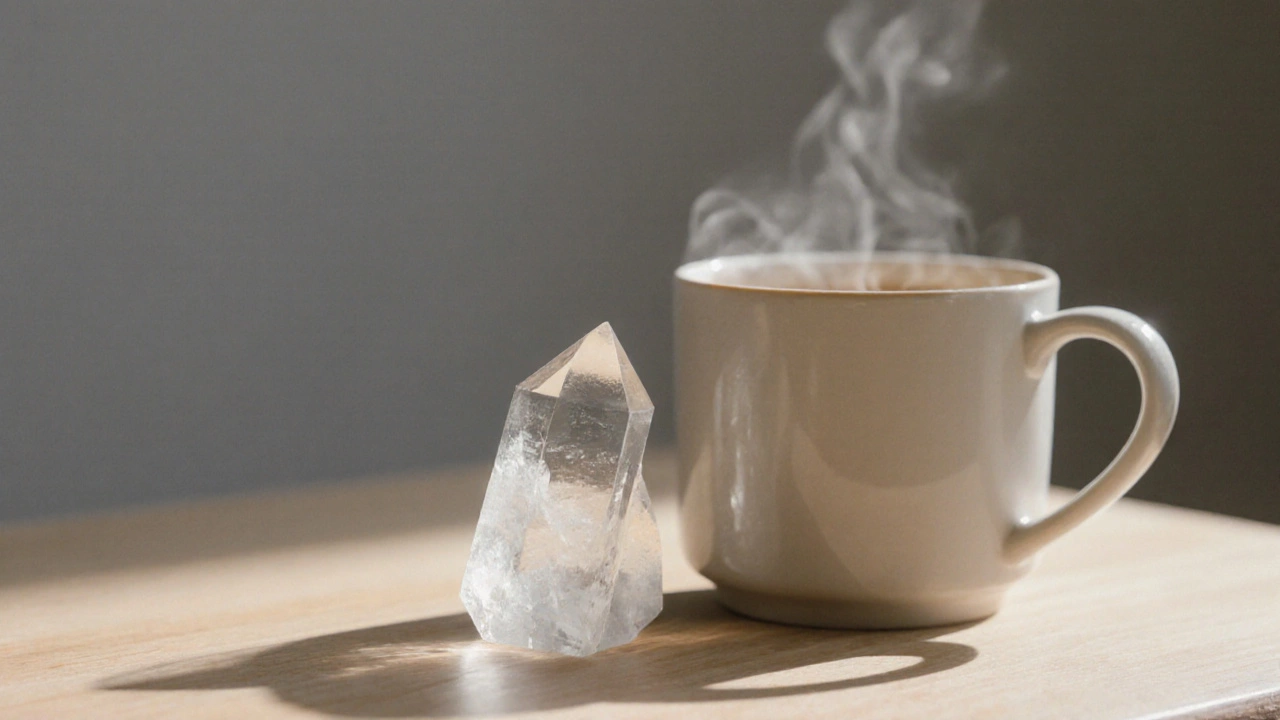Прозрачный кварцевый кристалл на деревянной поверхности рядом с чашкой чая, спокойная атмосфера.
