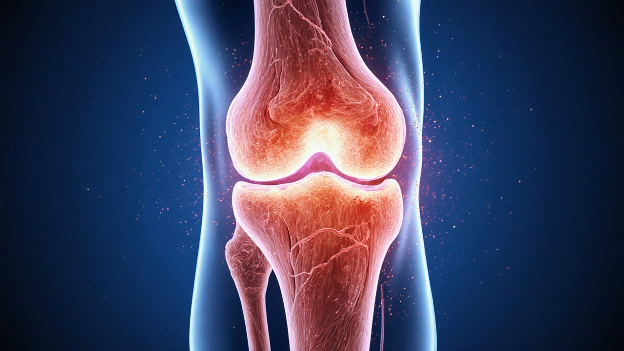 Разрез коленного сустава с инфракрасным излучением, усиливающим кровообращение в тканях.