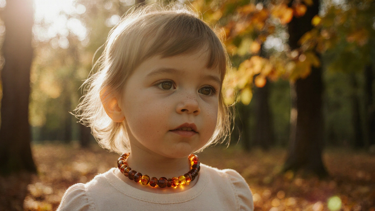 Ребенок в янтарном ожерелье на фоне осенних деревьев, мягкий свет подчеркивает натуральность камня.
