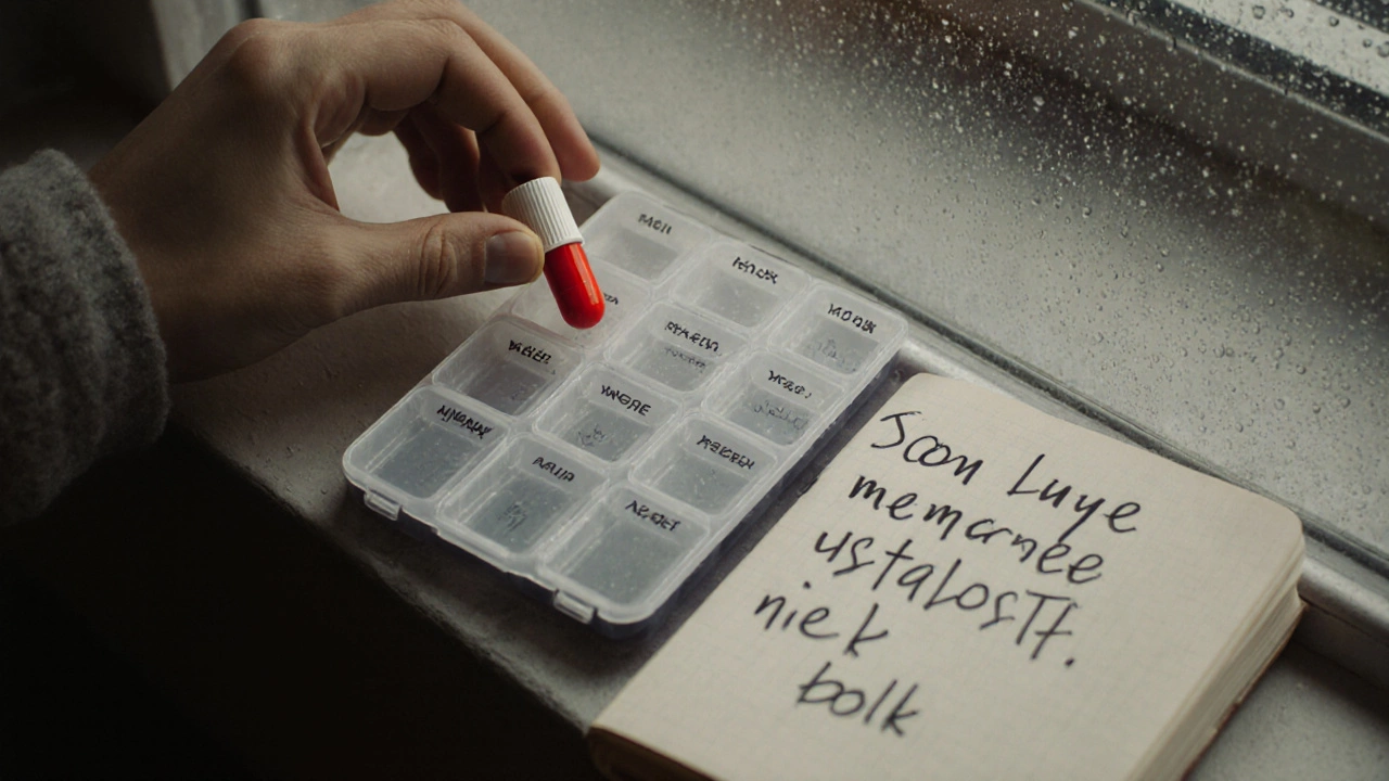 Рука кладет капсулу в еженедельный органайзер с заметками о улучшении сна и энергии.