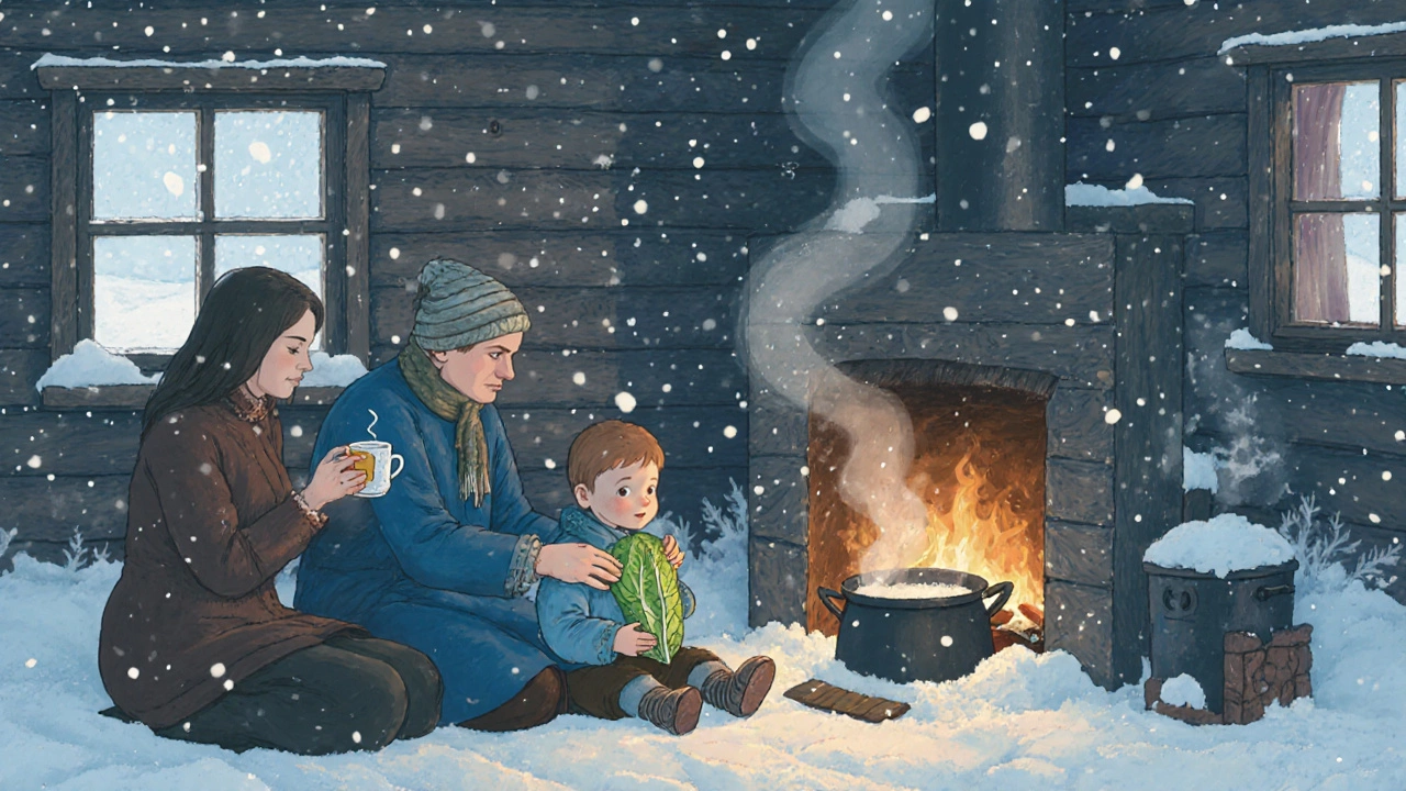 Семья прикладывает капустный компресс ребенку и пьёт липовый чай в сибирской избе.