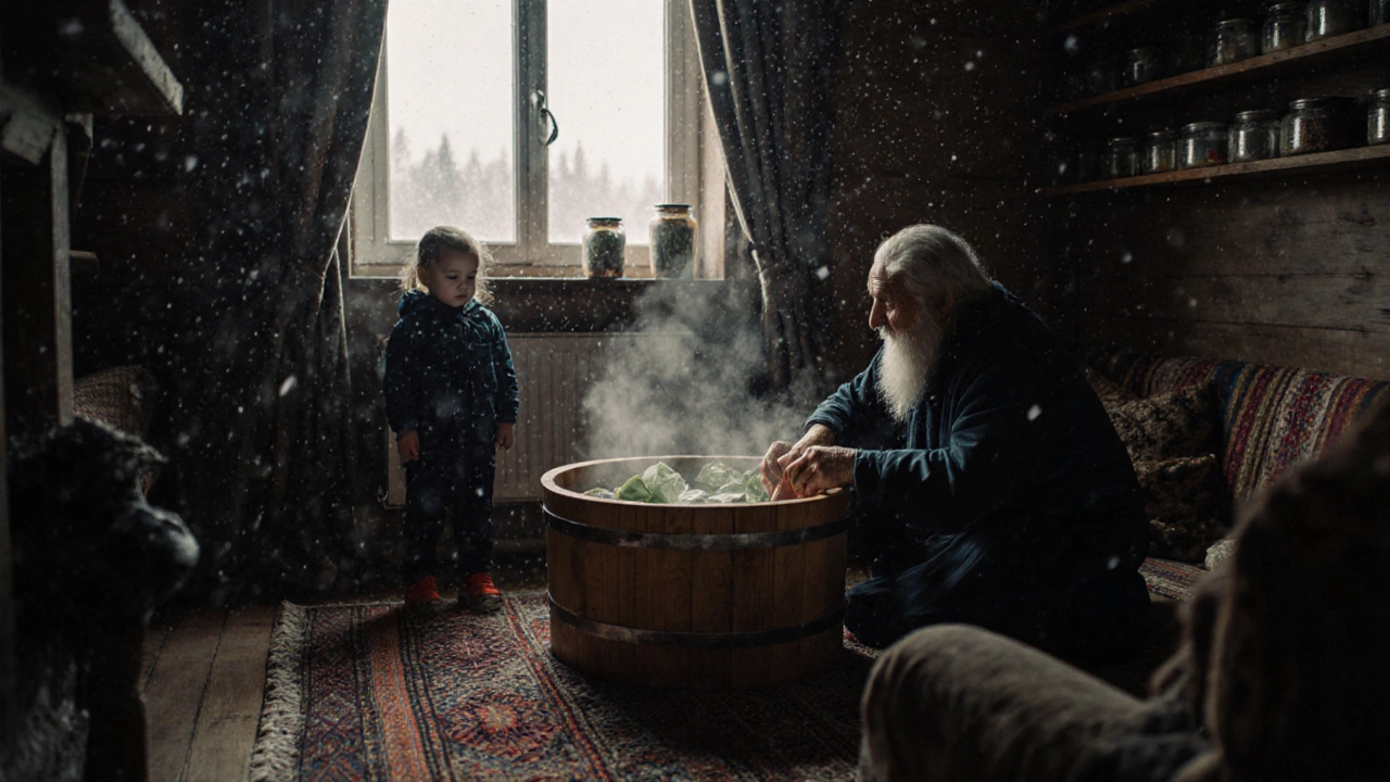 Семья принимает хвойную ванну для ног в зимней сибирской избе.