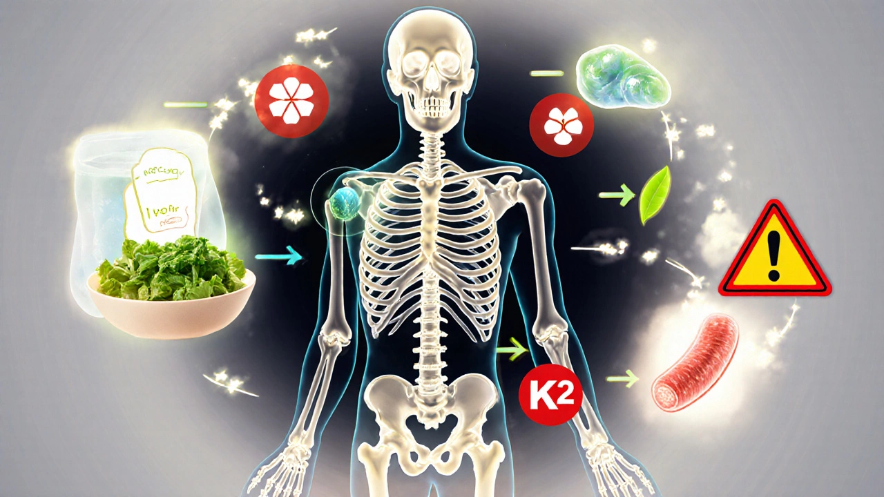 Схема скелета с потоками кальция, витамина D, магния и К2, направляющих минералы в кости
