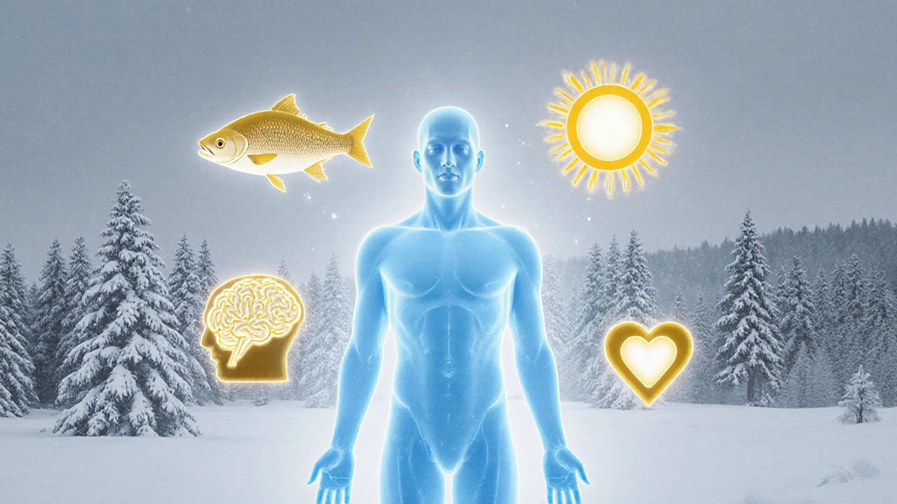 Силуэт человека с символами добавок вокруг него на фоне зимнего пейзажа Сибири.