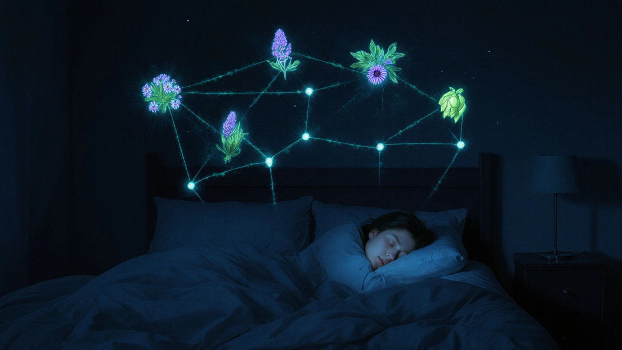 Сонный человек в тёмной комнате, над ним светящиеся травы как небесная симфония