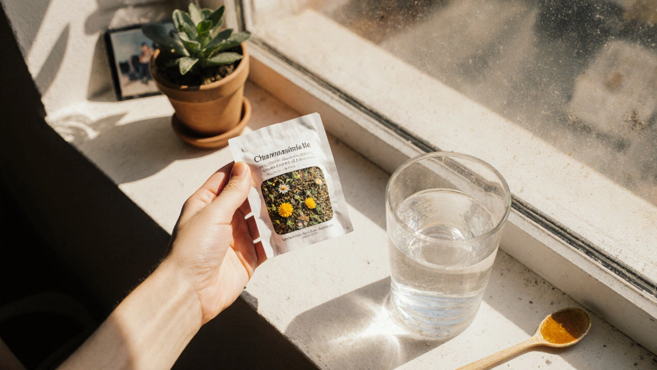 Сухие лекарственные травы и мёд на подоконнике под солнечным светом.