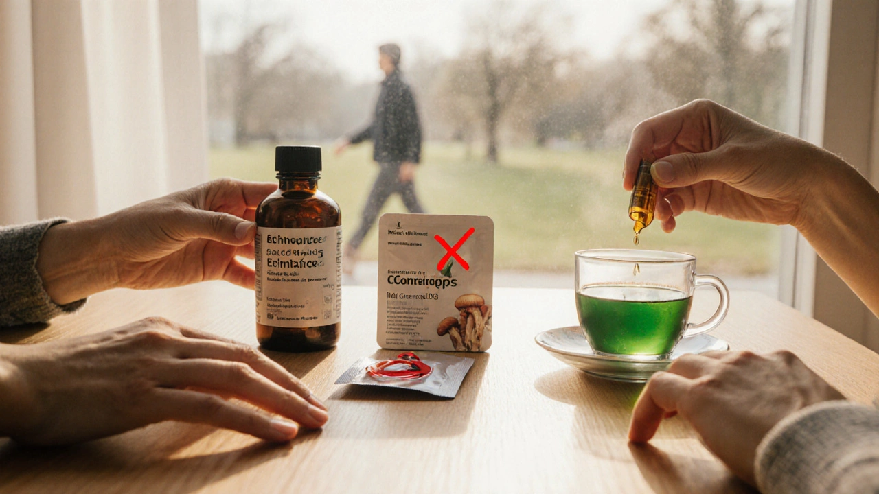 Три альтернативы кордицепсу: эхинацея, витамин D и зелёный чай на фоне природы.