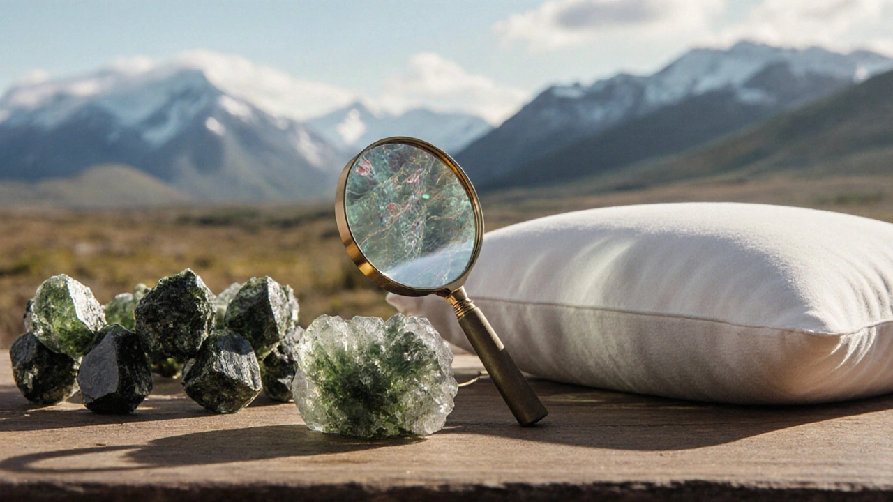 Три натуральных турмалиновых изделия: браслет, валик и подушка на деревянном столе.