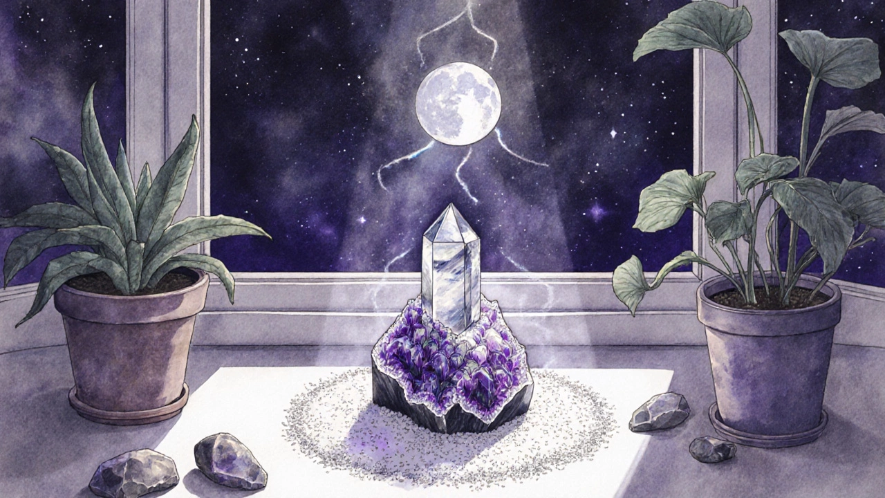 Турмалин на соли с кварцем под лунным светом на подоконнике.