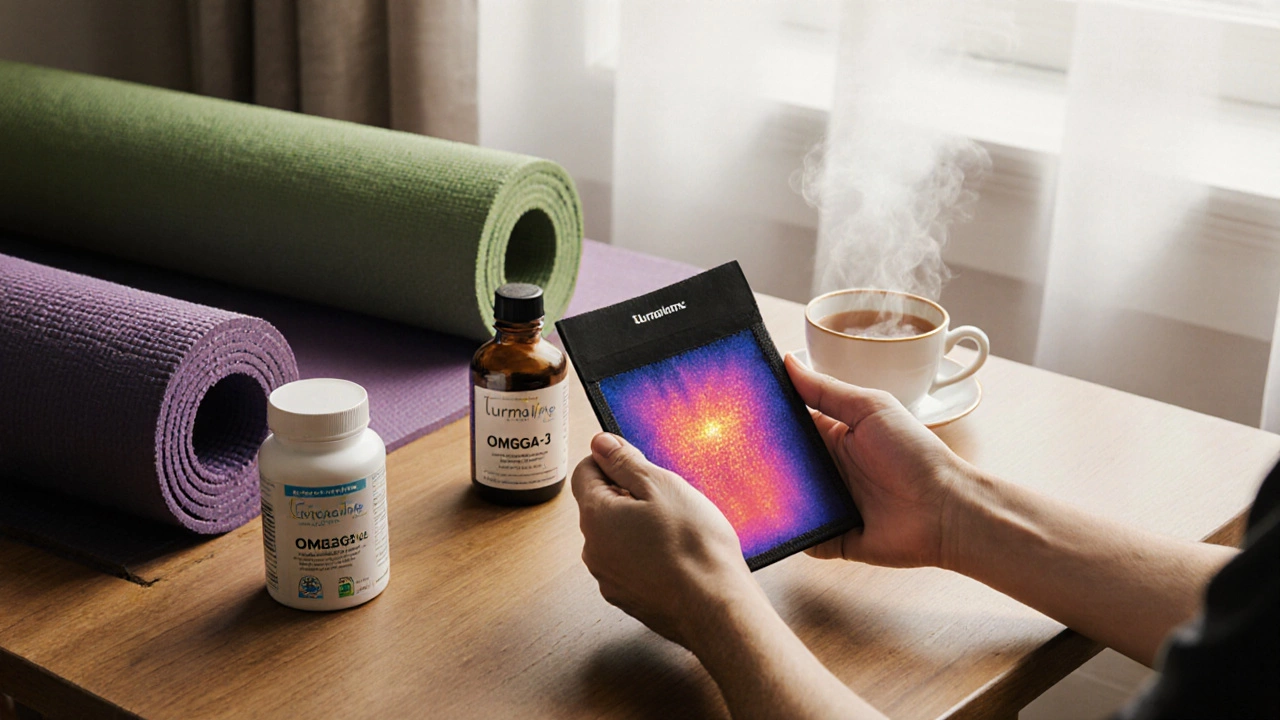 Турмалиновый пояс вместе с омега-3, ковриком и чашкой чая — символ комплексного ухода за суставами.