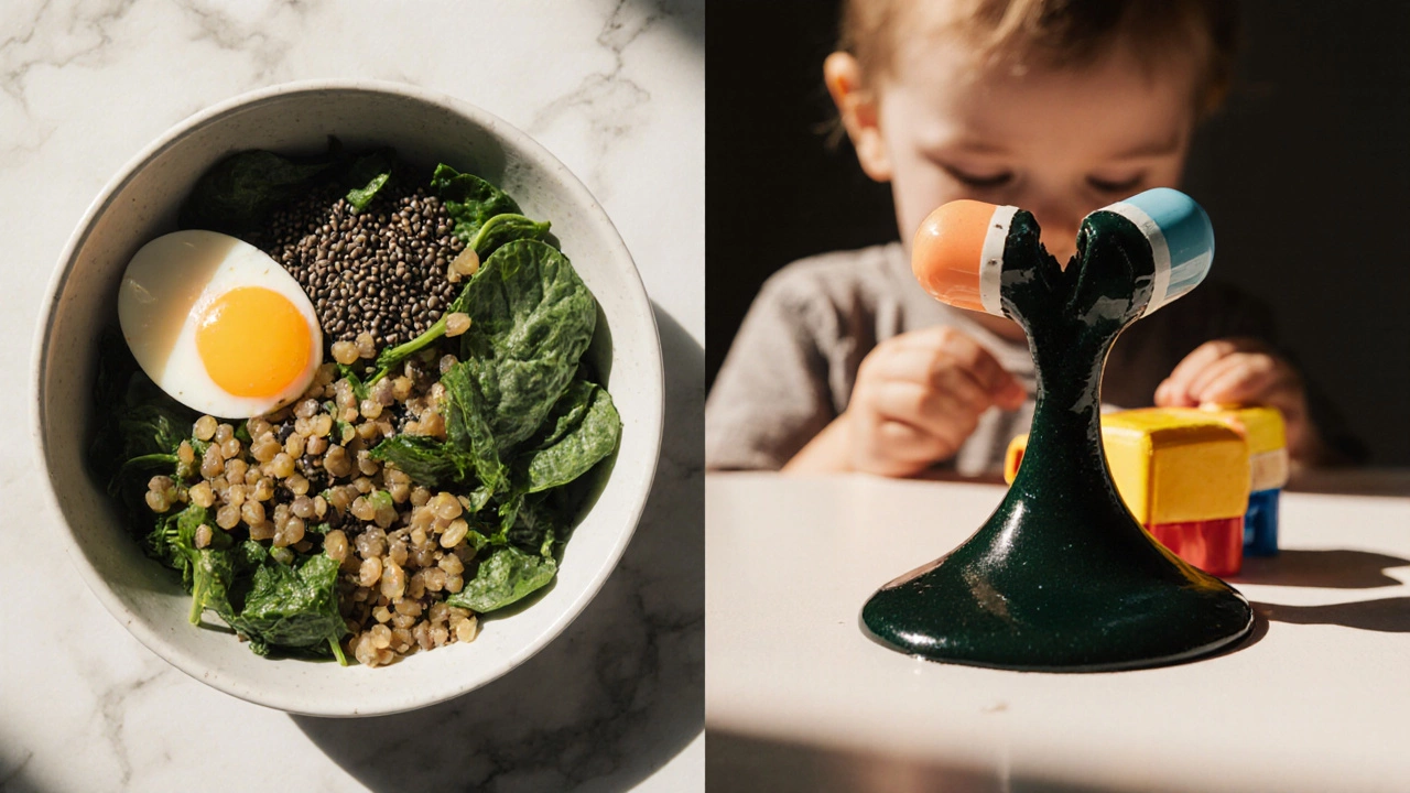 Здоровая еда рядом с разбитой капсулой спирулины, выливающейся в виде токсичной слизи.