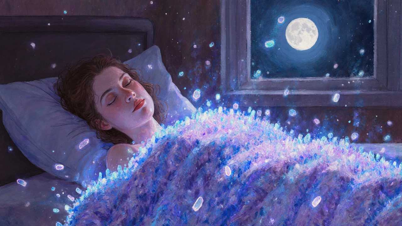 Женщина спит под одеялом с турмалиновыми нитями, вокруг нее светятся ионы.