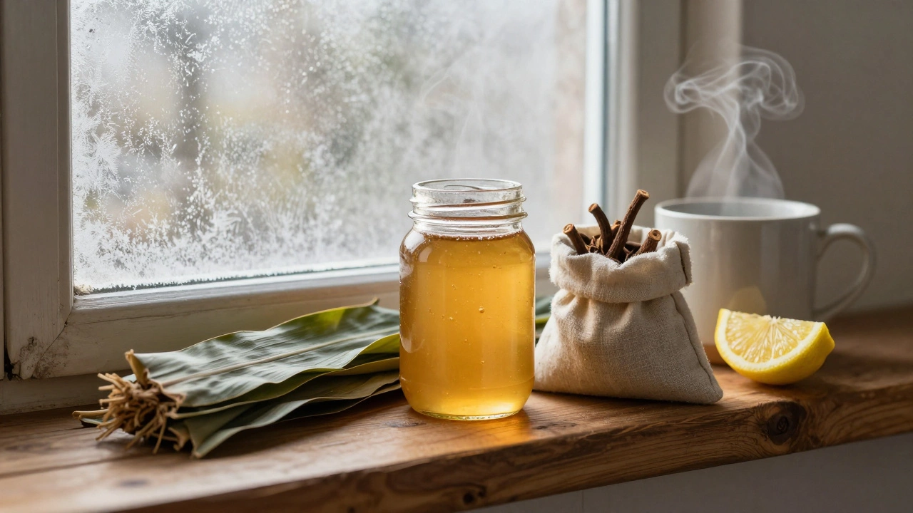 Три натуральных средства от кашля: мёд, листья подорожника и корень солодки на деревянной полке.